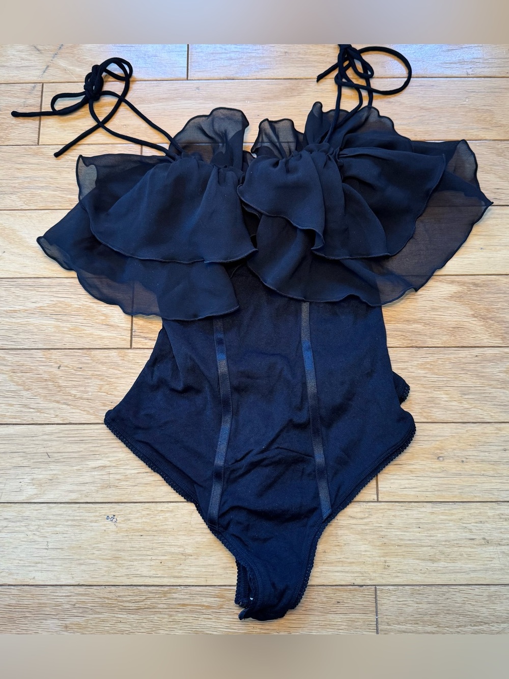 Free People Intimately Black Sheer Ruffle Bodysuit Size S Romantic Balletcore